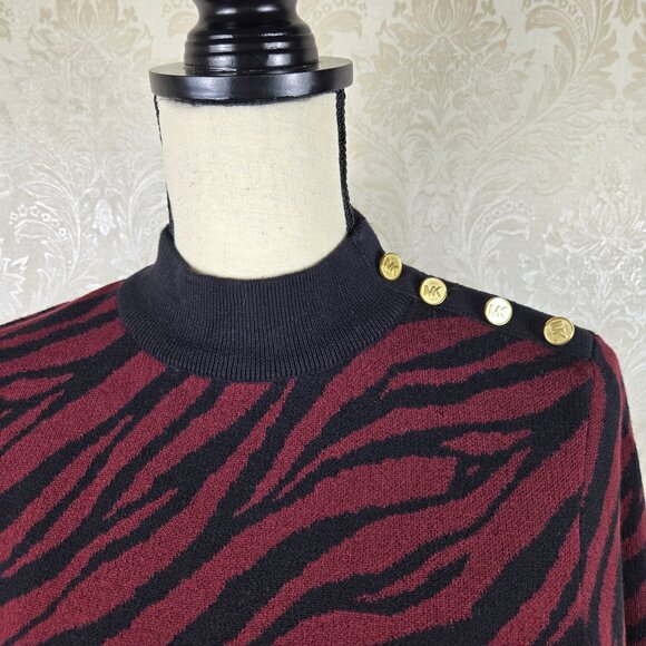 MICHAEL Michael Kors Size Large Maroon Black Zebra Stripe Mockneck Sweater - Picture 2 of 12